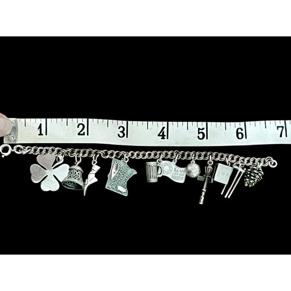 Sterling Silver Charm Bracelet W/ Pinecone Mug Clover & State Charms VTG 6.25” L - Picture 14 of 15